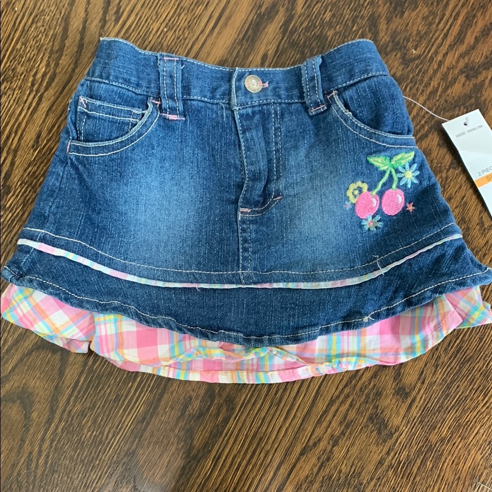 NWT Sketchers Baby Pink Plaid Top and Denim Skirt Set - 12mo - Picture 2 of 5